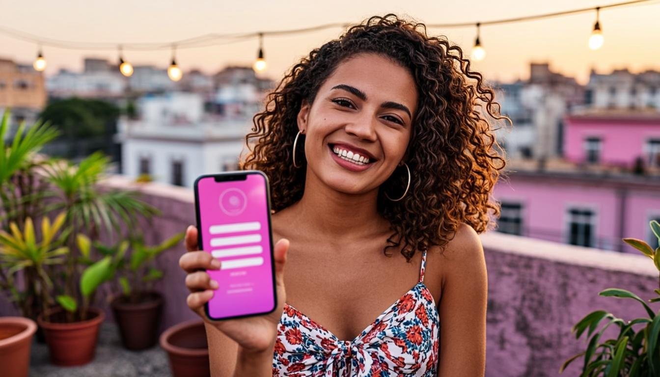 Creadora cubana mostrando su página de enlaces de BleeBioLink en el móvil
