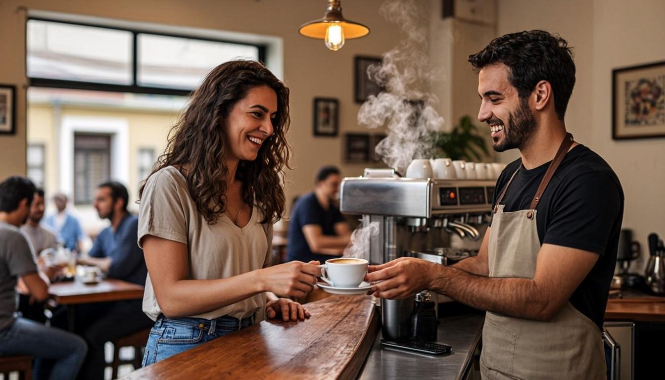 CaféGratis: barista sirviendo café a un cliente fiel del club