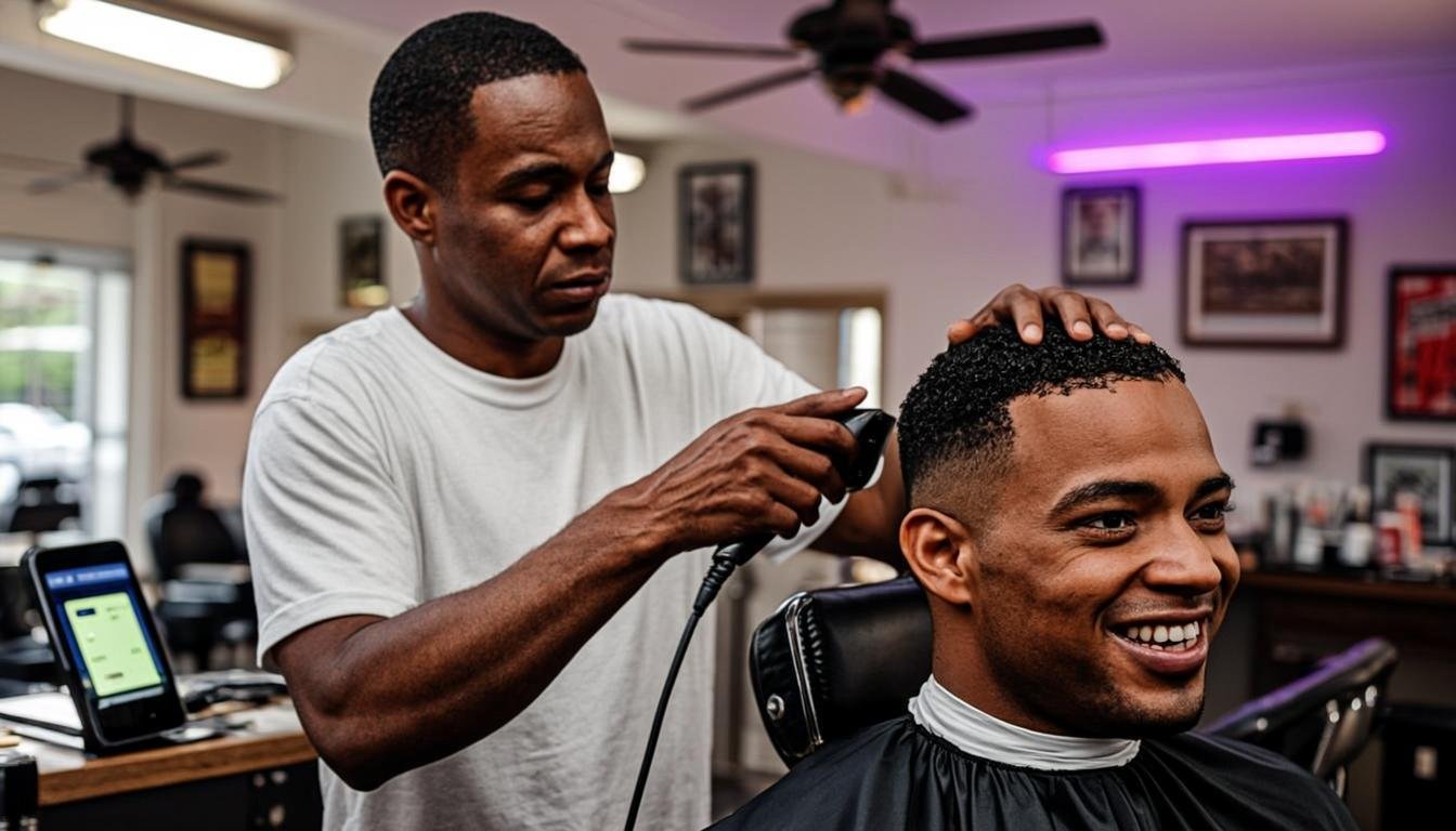 Barbero cubano atendiendo a su cliente en la barbería, con la app de Premiable en el mostrador