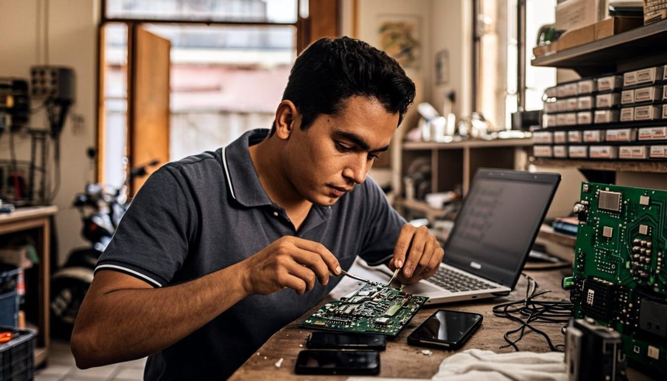 Taller cubano de tecnología: técnico reparando el panel de un celular con laptop, placa de TV y moto eléctrica al fondo