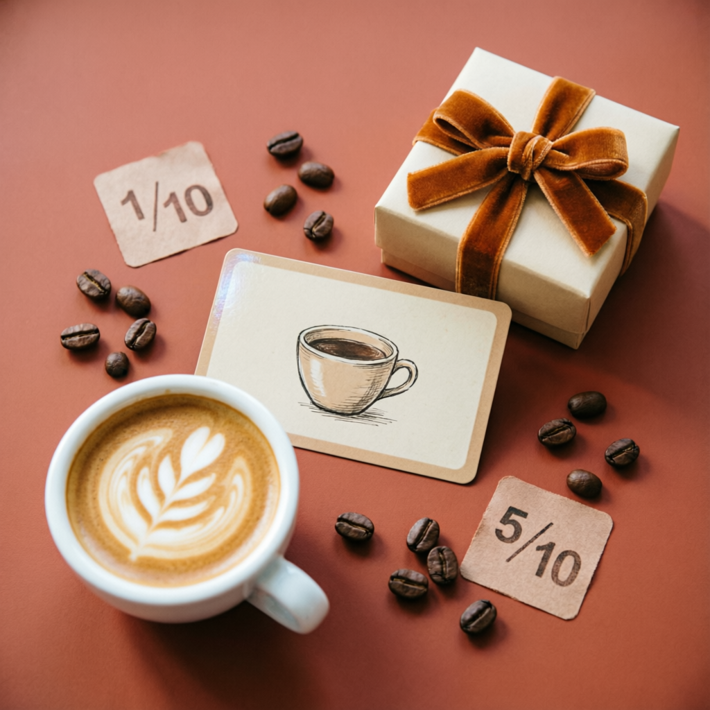 CaféGratis: barista sirviendo café a un cliente fiel con su tarjeta del club en el móvil